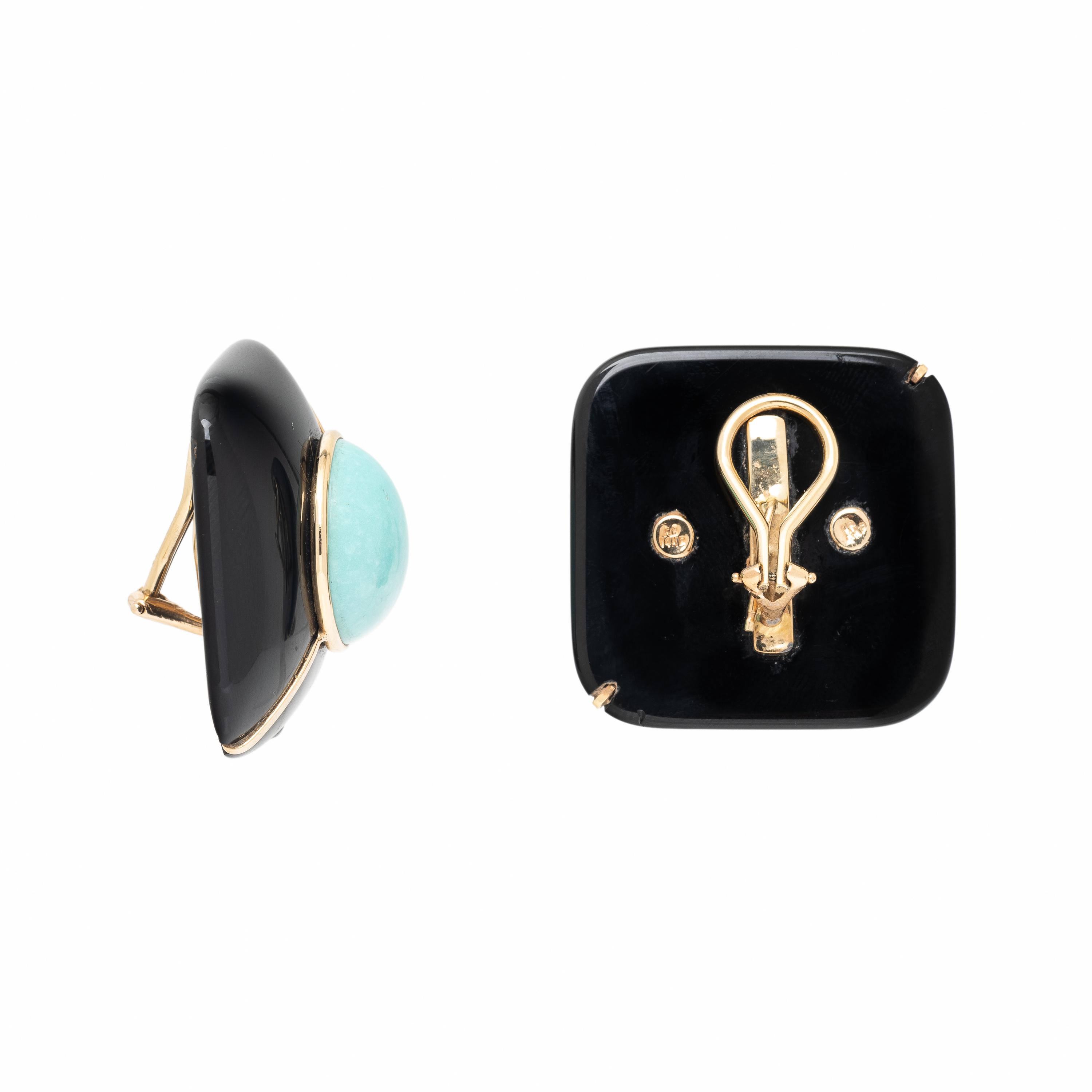 Onyx, Turquoise, and Yellow Gold Earrings