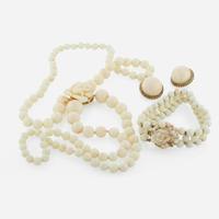 A Three Piece Collection of 14K Yellow Gold and Coral Jewelry