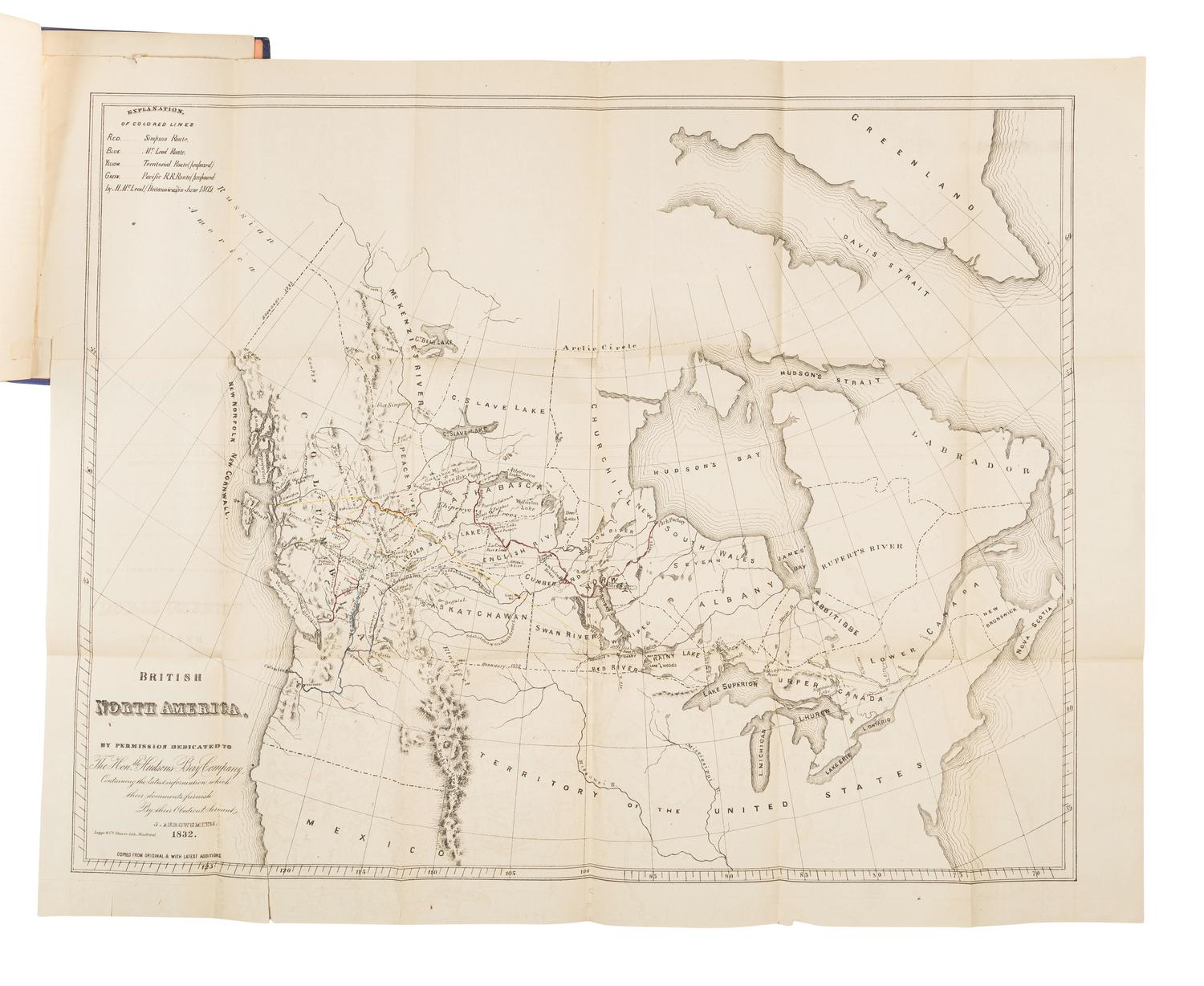 McDONALD, Archibald (1790-1853). Peace River. A canoe voyage from Hudson’s Bay to Pacific by the late Sir George Simpson. Ottawa, Montreal & Toronto: J. Durie & Son, Dawson Brow., Adam Stevenson & Co., 1872.