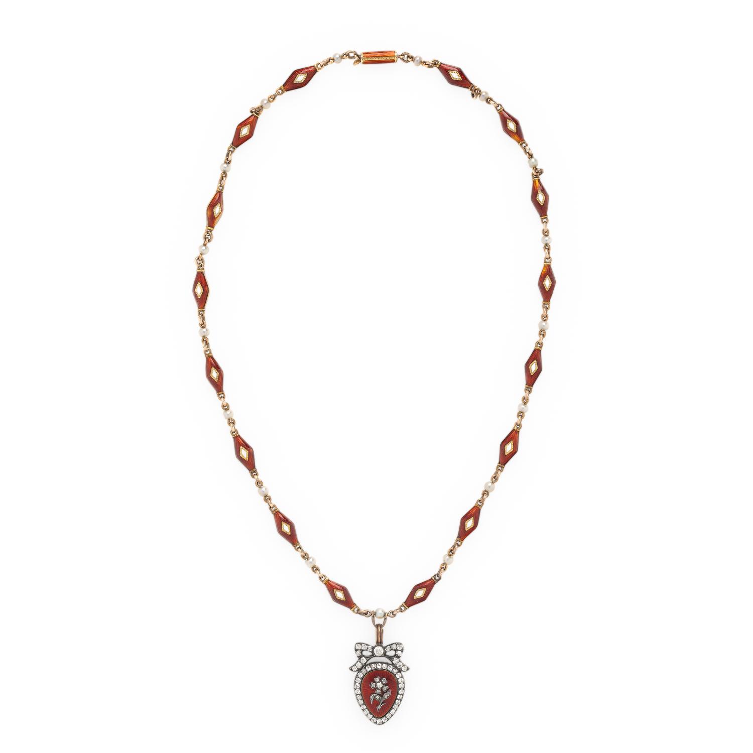 VICTORIAN, DIAMOND, SEED PEARL, AND ENAMEL MOURNING NECKLACE