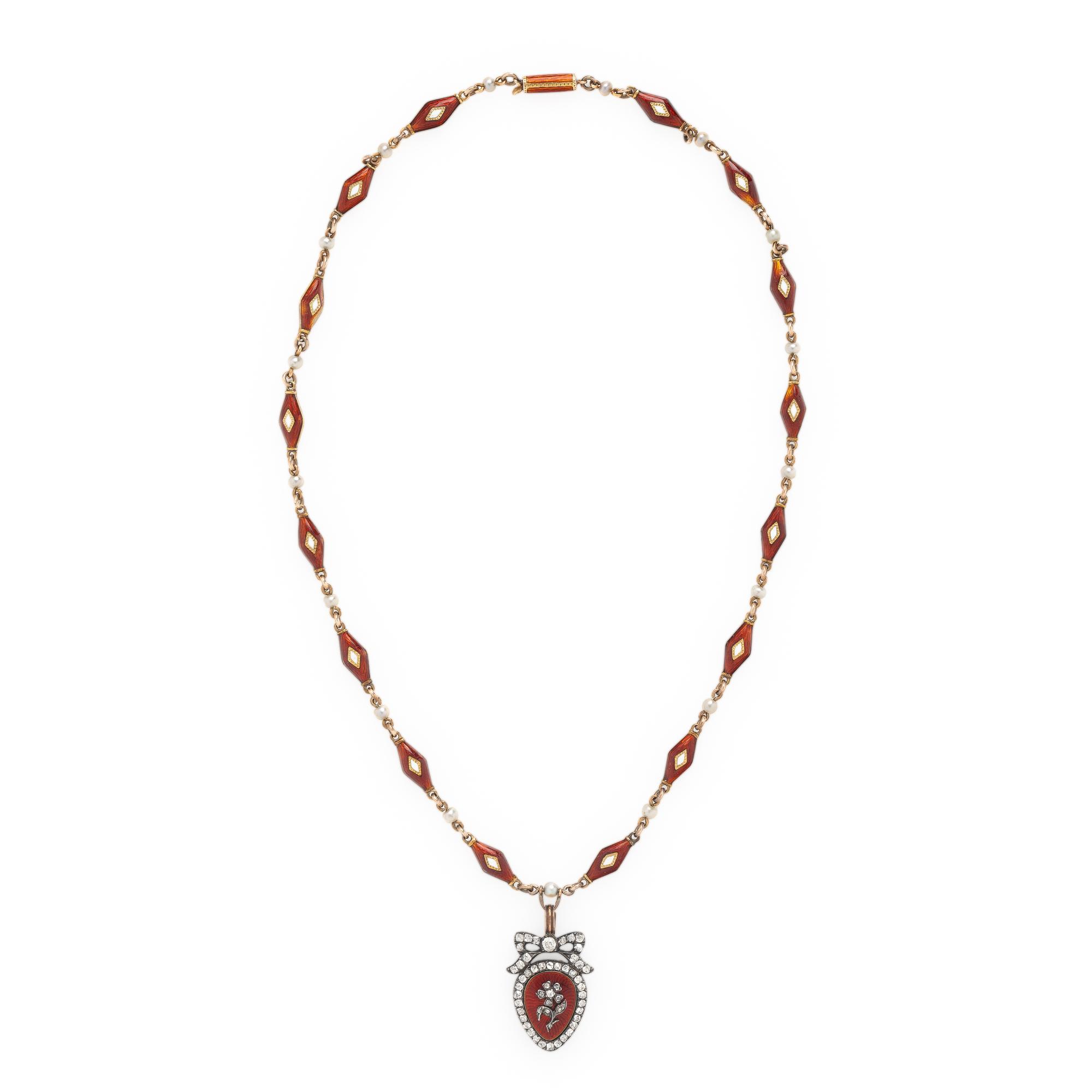 VICTORIAN, DIAMOND, SEED PEARL, AND ENAMEL MOURNING NECKLACE