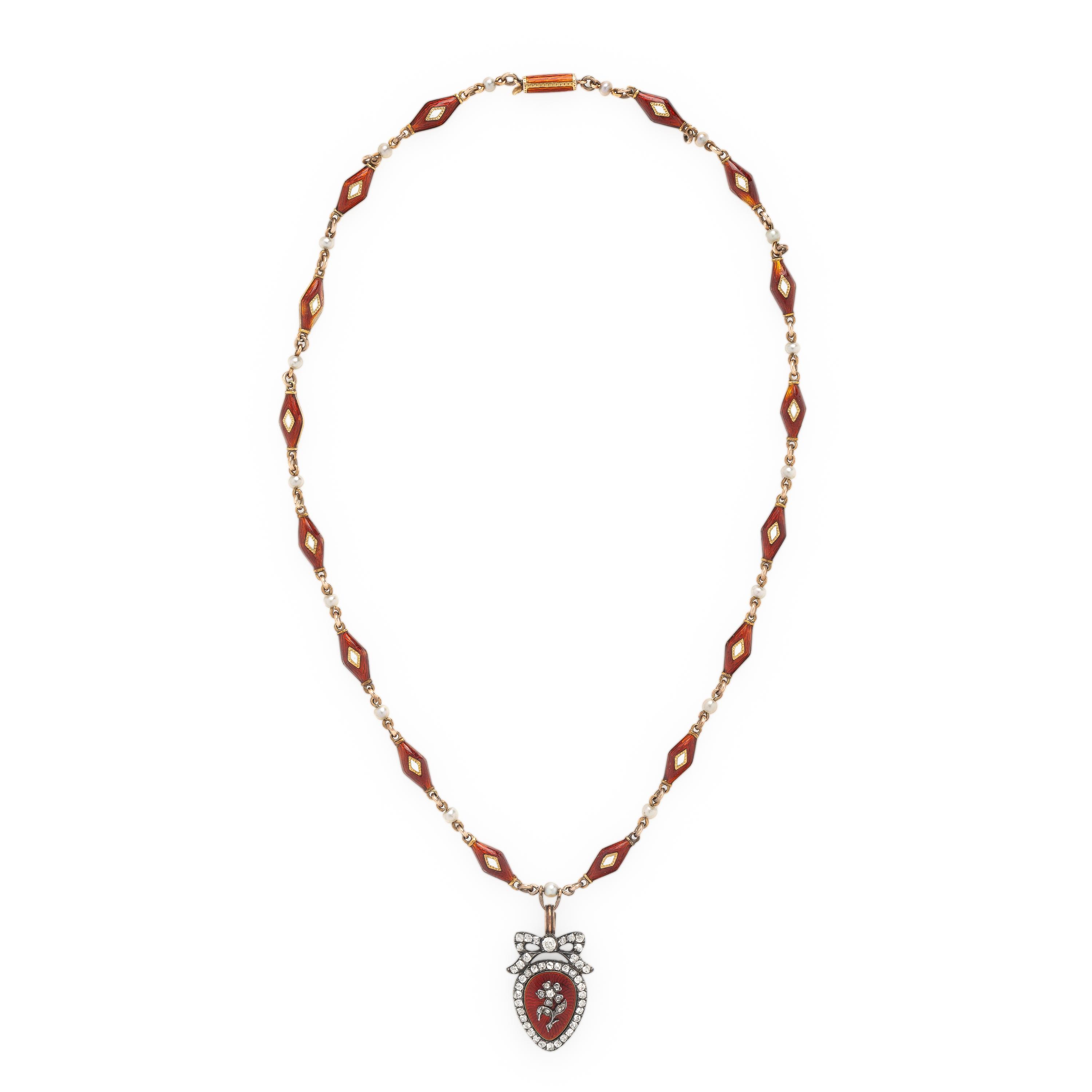 VICTORIAN, DIAMOND, SEED PEARL, AND ENAMEL MOURNING NECKLACE