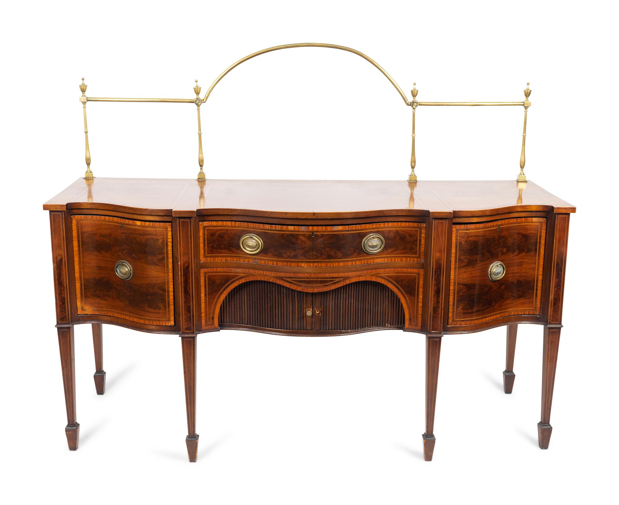 A Federal Inlaid Inlaid Mahogany Double Serpentine Sideboard with Brass Gallery — LATE 19TH CENTURY