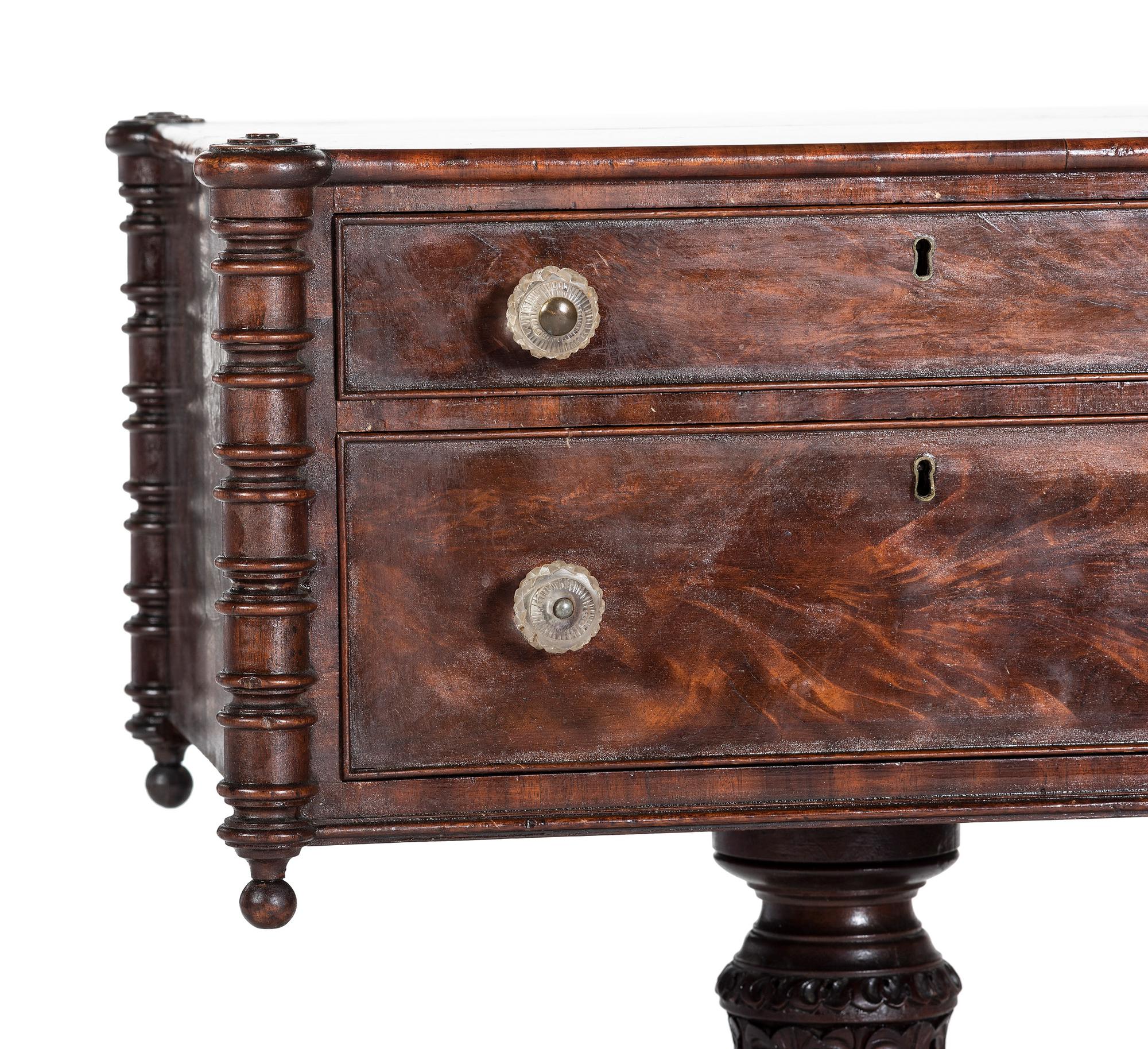 A Classical Carved and Figured Mahogany Pressed Glass Mounted Two-Drawer Work Stand