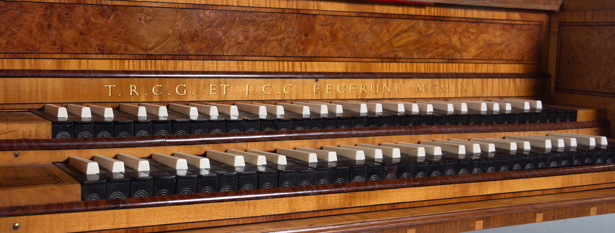 A Burl Walnut and Satinwood Two-Manual Harpsichord by Thomas Goff & Joseph Cobby