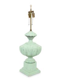 A Green-Painted Ceramic Finial Mounted as a Lamp