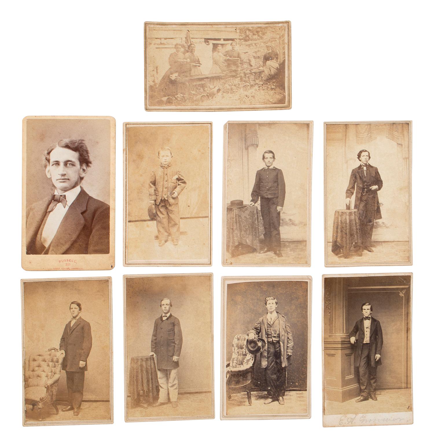 [EARLY PHOTOGRAPHY]. A collection of CDVs, cabinet cards, and real photo postcards, highlighted by a view of Seth Kinman's chair, an occupational view of women at work, views of young men prior to enlisting in the Civil War, and portraiture.