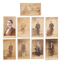 [EARLY PHOTOGRAPHY]. A collection of CDVs, cabinet cards, and real photo postcards, highlighted by a view of Seth Kinman's chair, an occupational view of women at work, views of young men prior to enlisting in the Civil War, and portraiture.