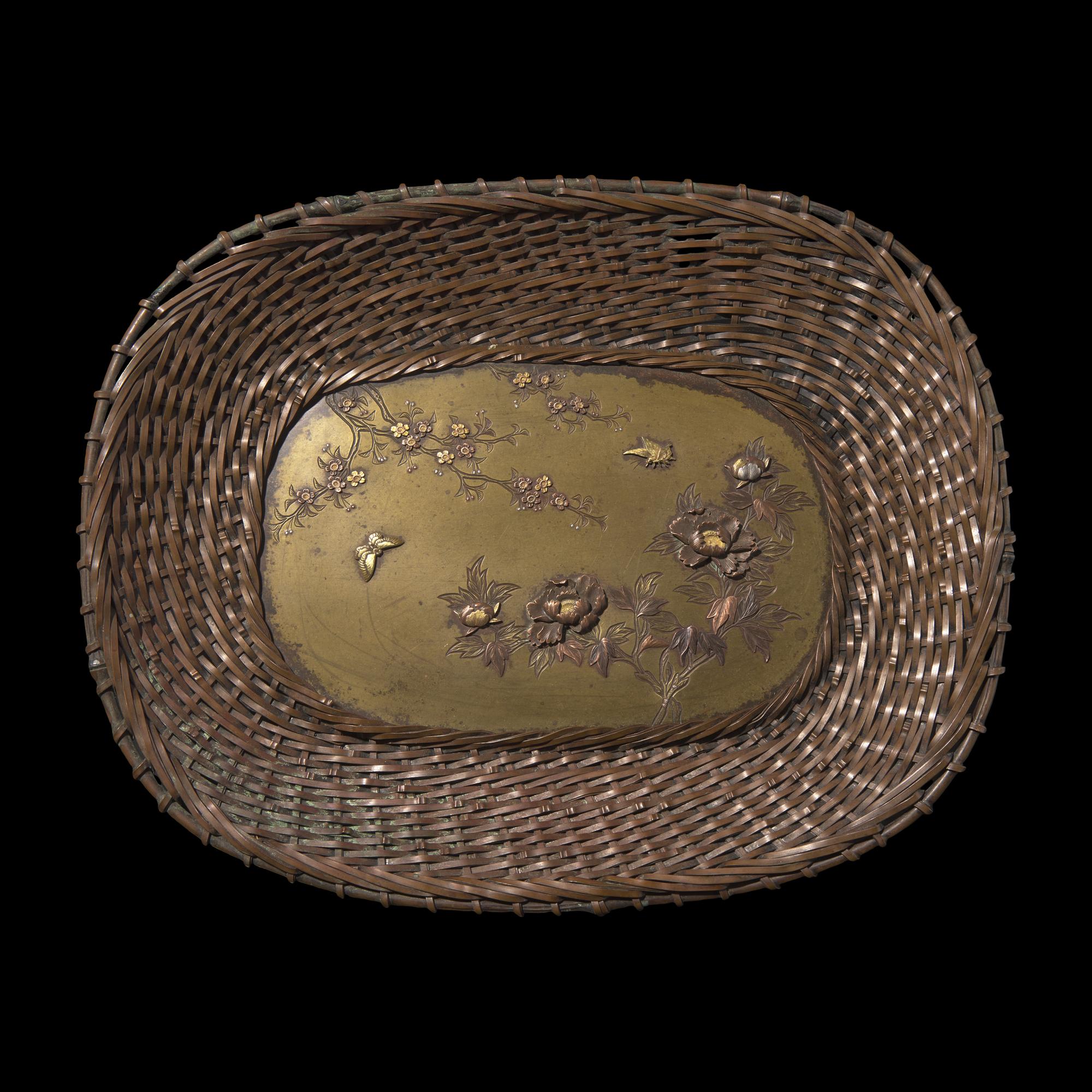 A Japanese Patinated Mix Metals Tray, Meiji Period