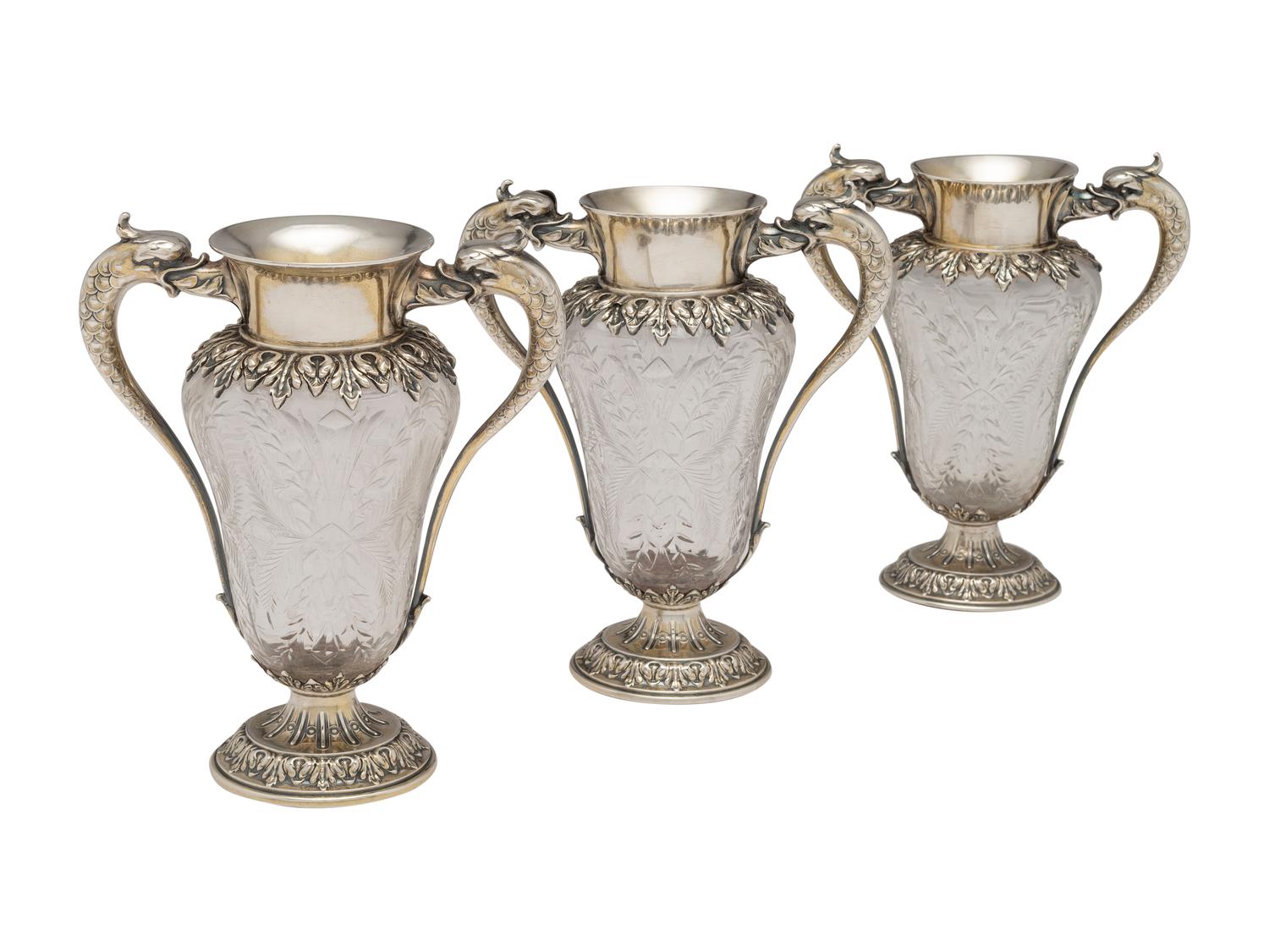 Three American Silver-Mounted Etched Glass Vases
