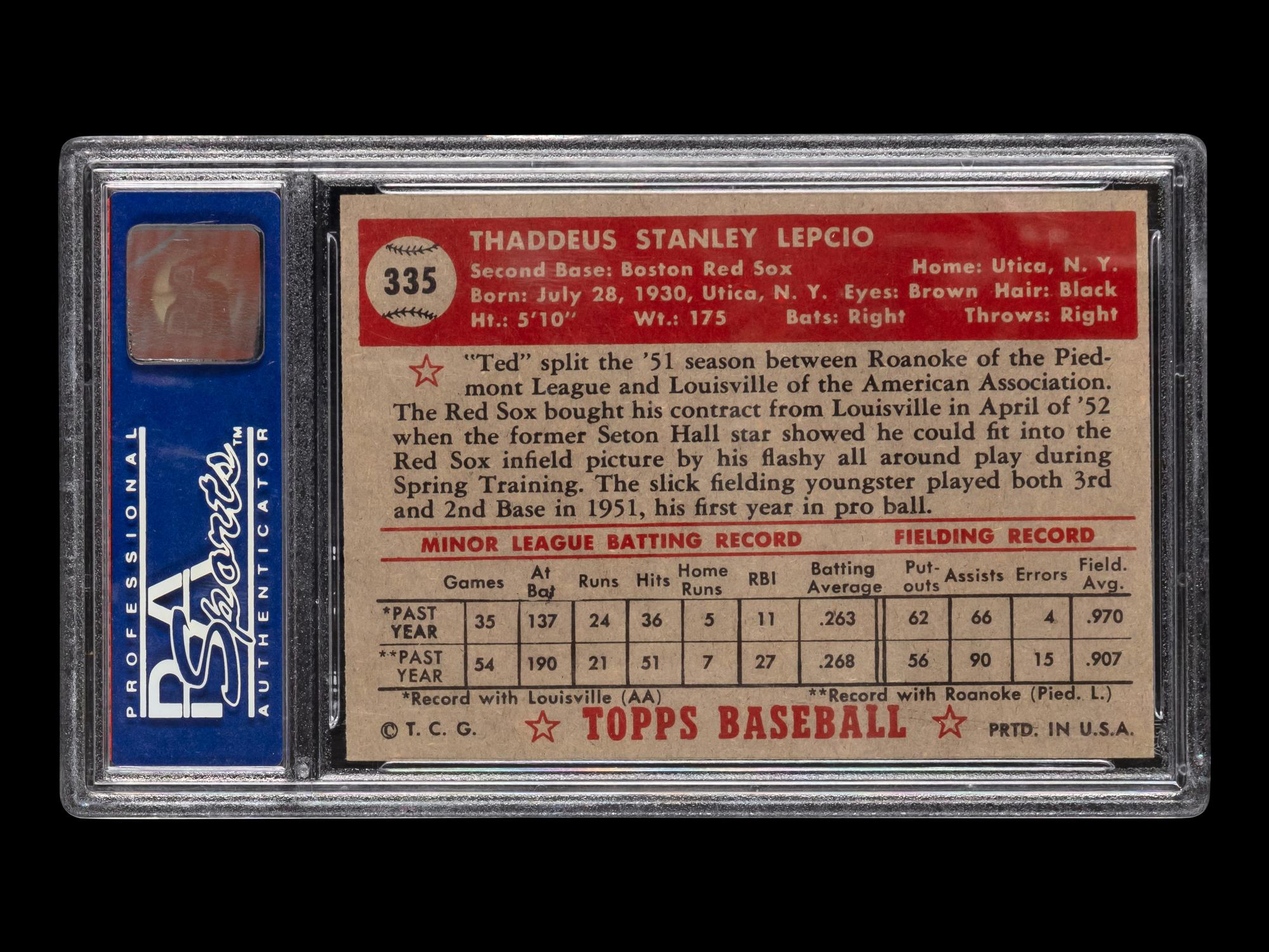 A 1952 Topps Ted Lepcio High Number Baseball Card No. 335 (PSA 6 EX-MT))