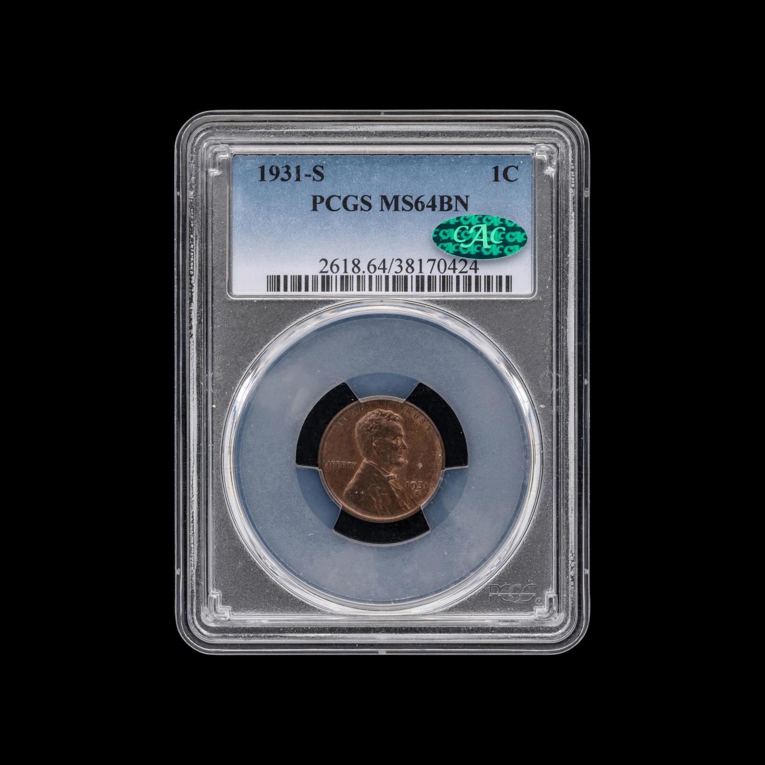 A 1931-S Lincoln 1c Coin [PCGS MS64 BN; CAC Green Sticker]