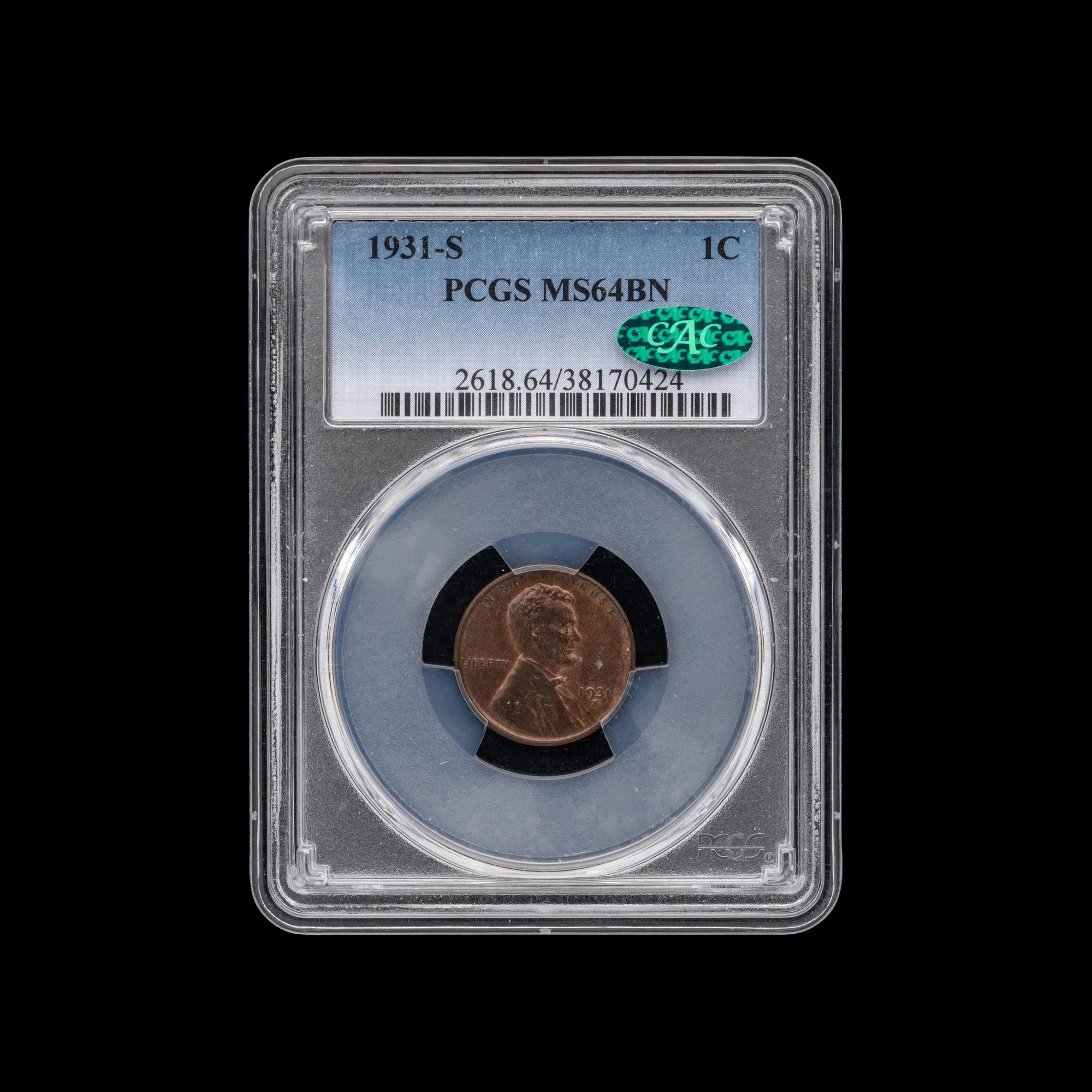 A 1931-S Lincoln 1c Coin [PCGS MS64 BN; CAC Green Sticker]