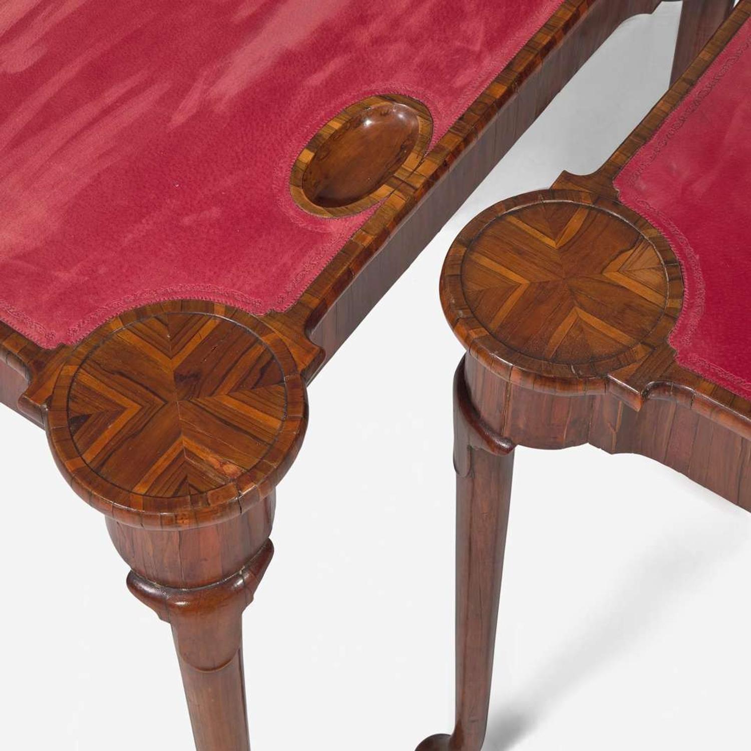 A pair of Queen Anne laburnum concertina action card tables circa 1715