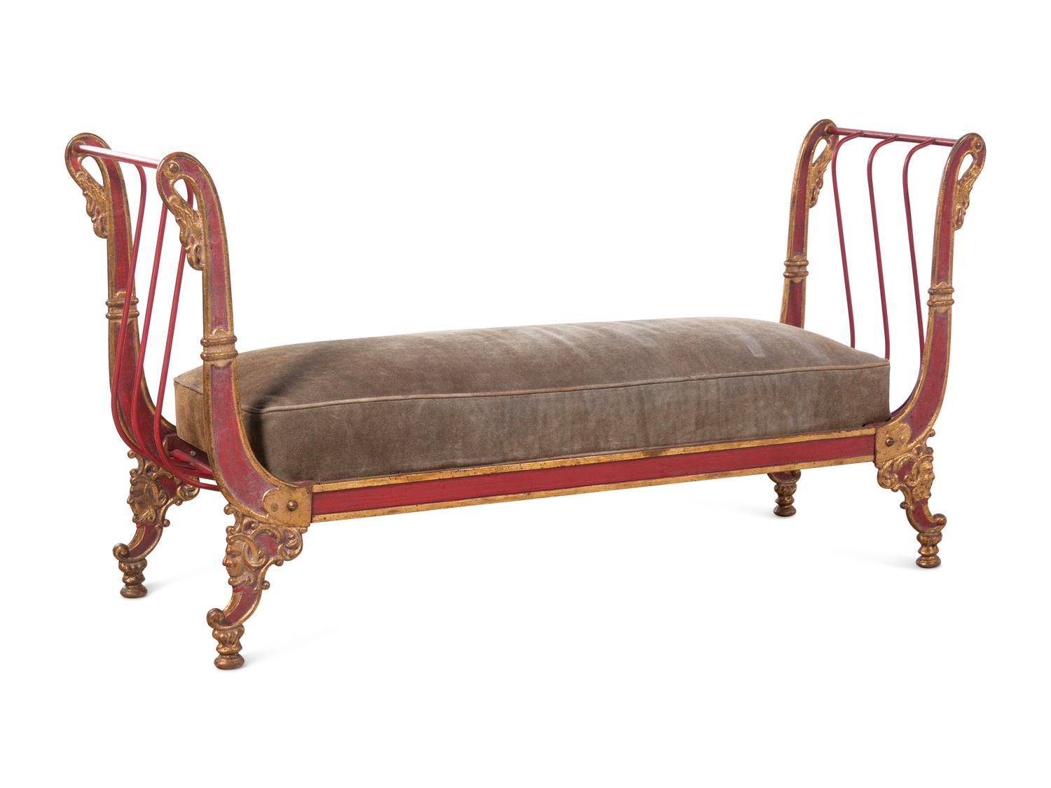 An Empire Style Painted and Parcel Gilt Metal Bench