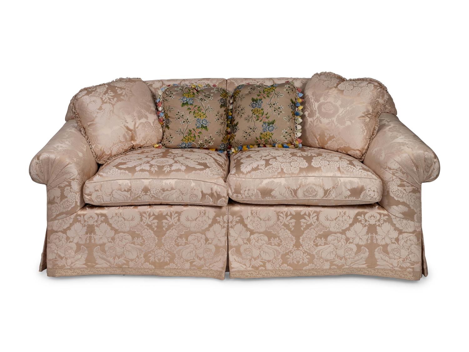 A Pair of Contemporary Damask Upholstered Settees
