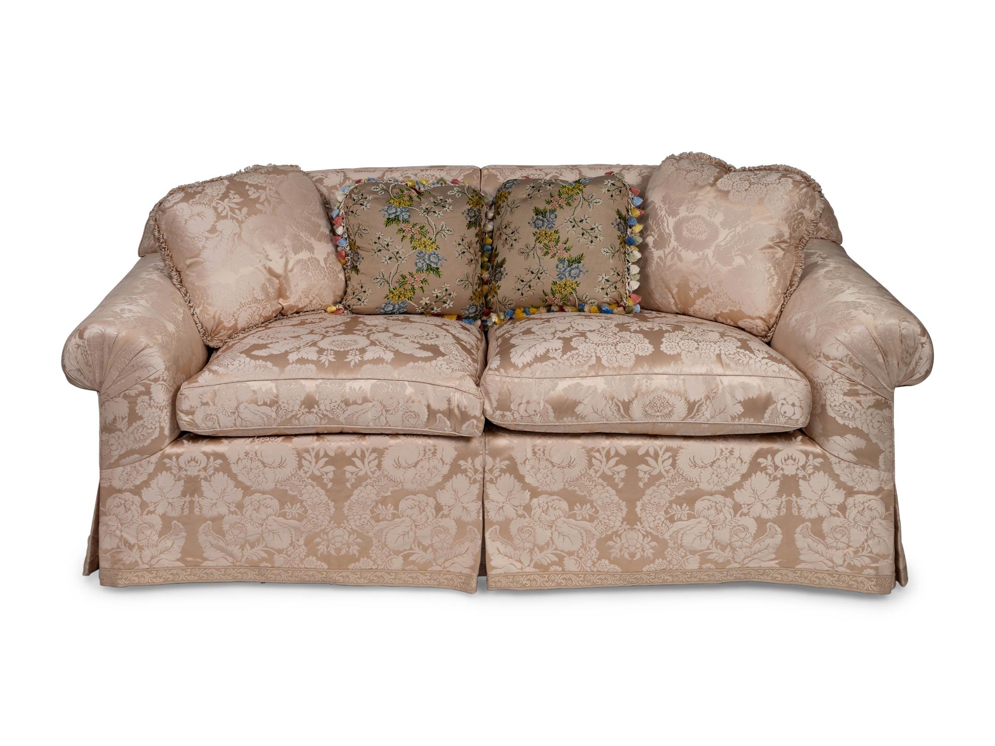 A Pair of Contemporary Damask Upholstered Settees
