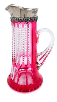 A Bohemian Red Glass Cut to Clear Pitcher with Silver Spout