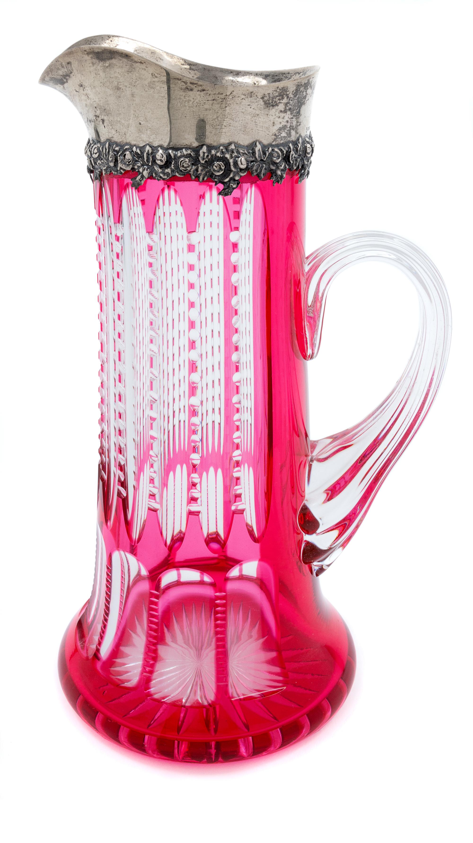 A Bohemian Red Glass Cut to Clear Pitcher with Silver Spout