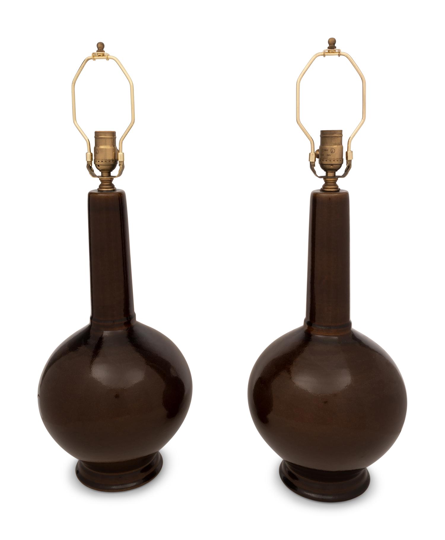 A Pair of Brown Glazed Stoneware Lamps