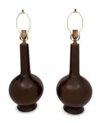 A Pair of Brown Glazed Stoneware Lamps