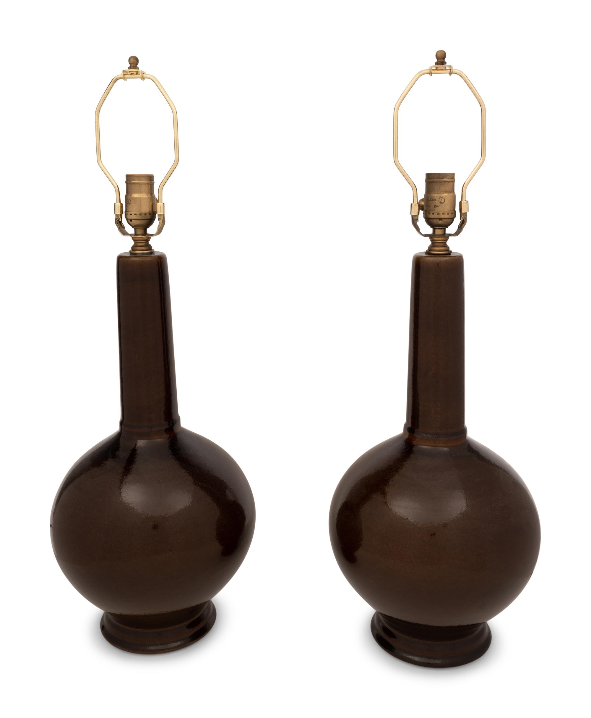 A Pair of Brown Glazed Stoneware Lamps