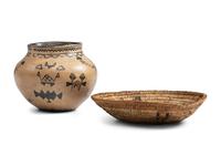 Cochiti Figural Pottery Jar and Navajo Basket