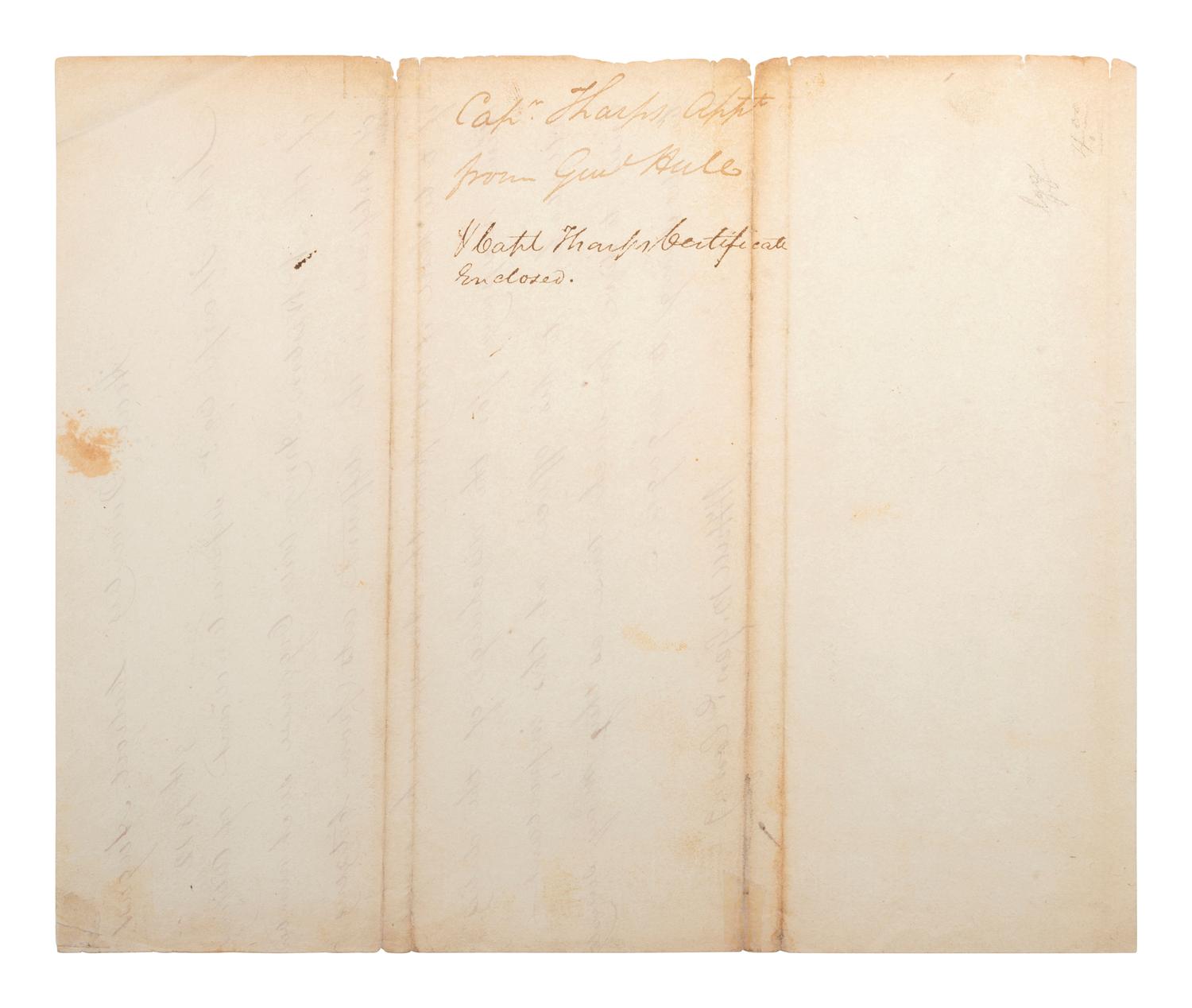 [WAR OF 1812]. HULL, William (1753-1825). Letter signed ("W. Hull B. Genl. Com.g"), written in a secretarial hand, to John Tharp, Esq. Detroit, 8 August 1812.