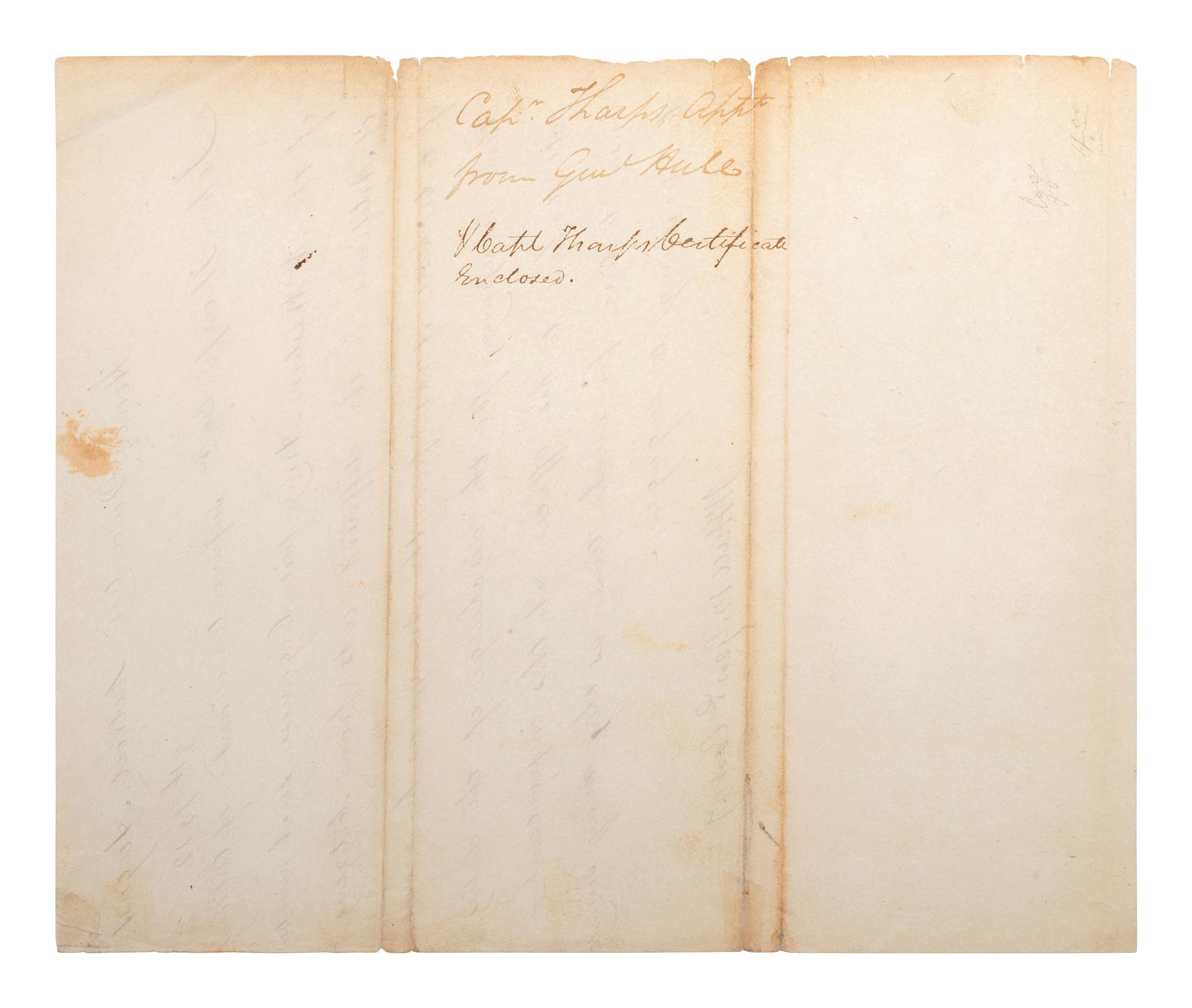 [WAR OF 1812]. HULL, William (1753-1825). Letter signed ("W. Hull B. Genl. Com.g"), written in a secretarial hand, to John Tharp, Esq. Detroit, 8 August 1812.