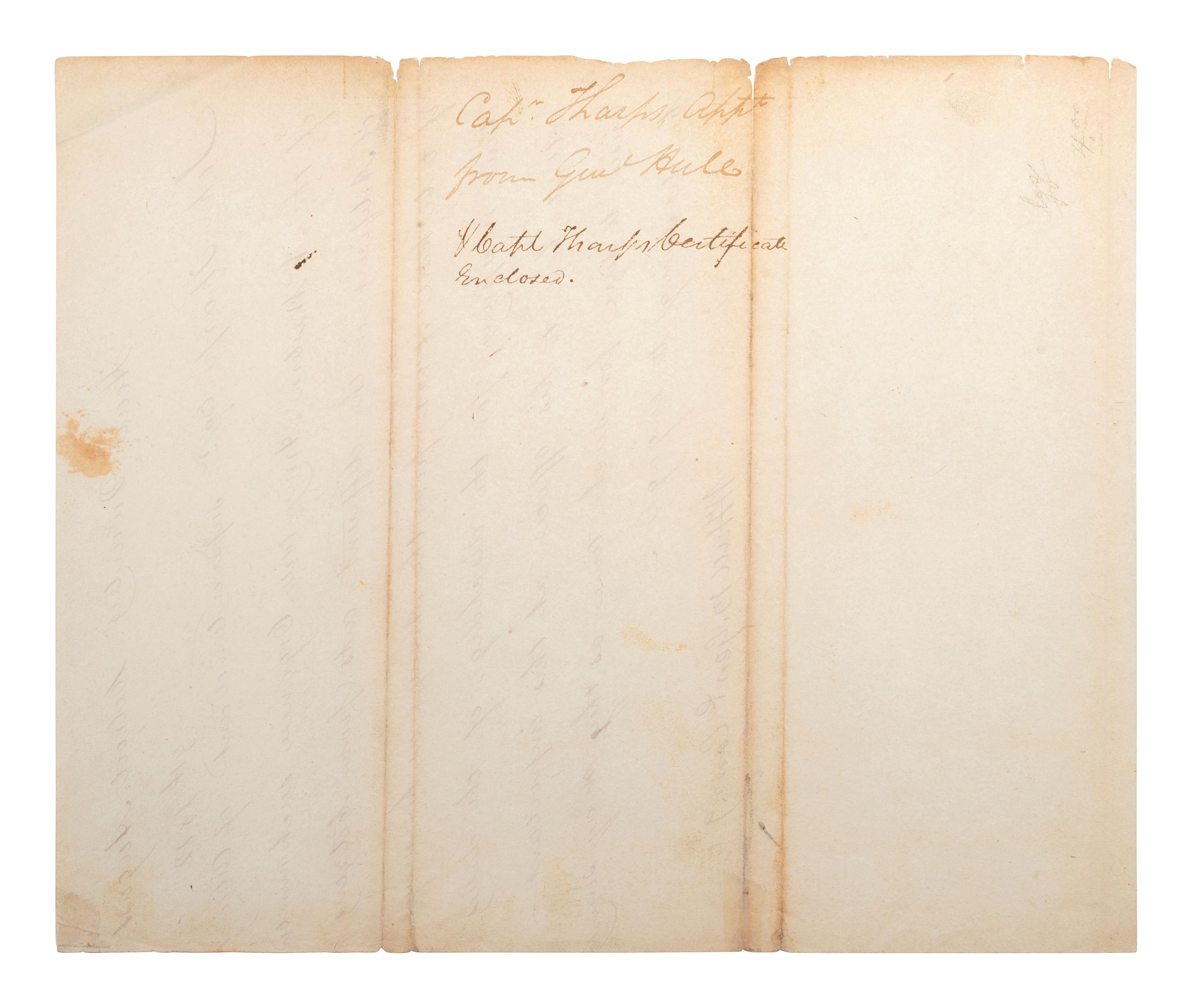 [WAR OF 1812]. HULL, William (1753-1825). Letter signed ("W. Hull B. Genl. Com.g"), written in a secretarial hand, to John Tharp, Esq. Detroit, 8 August 1812.
