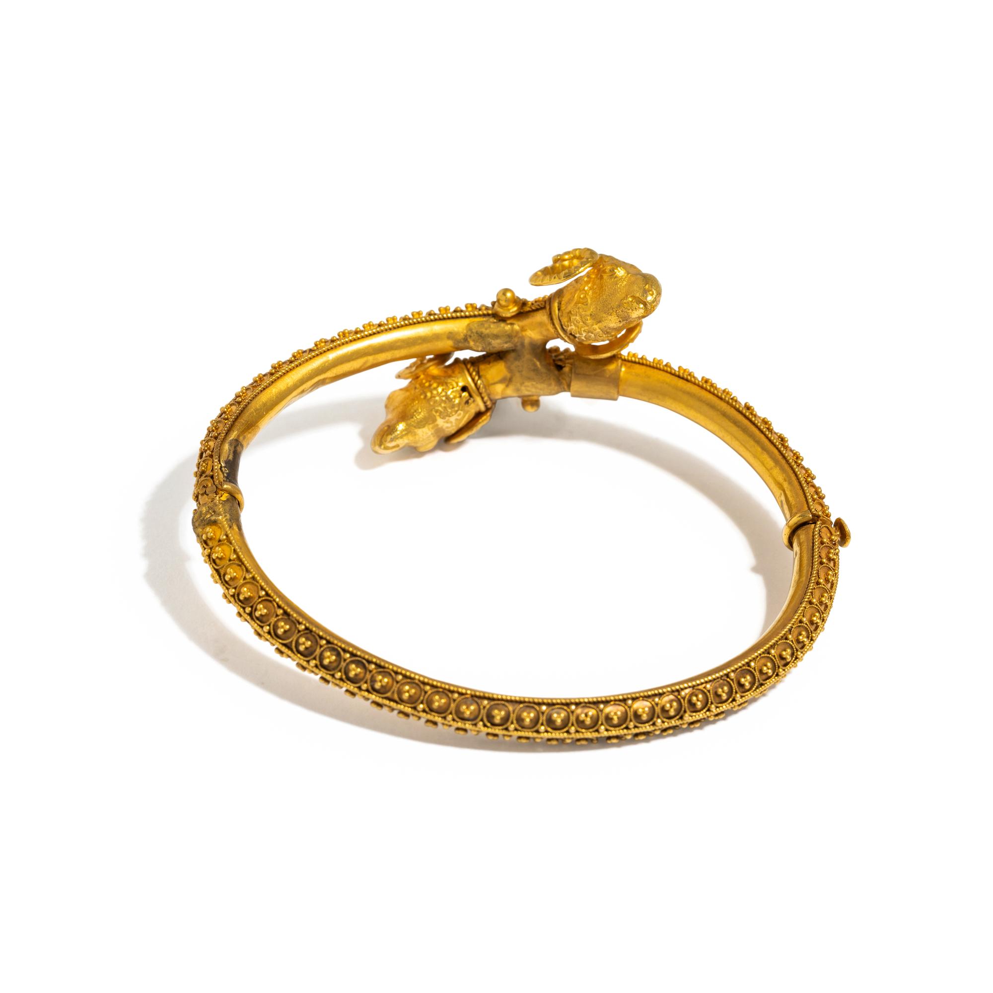 ANTIQUE, YELLOW GOLD RAM'S HEAD BANGLE BRACELET