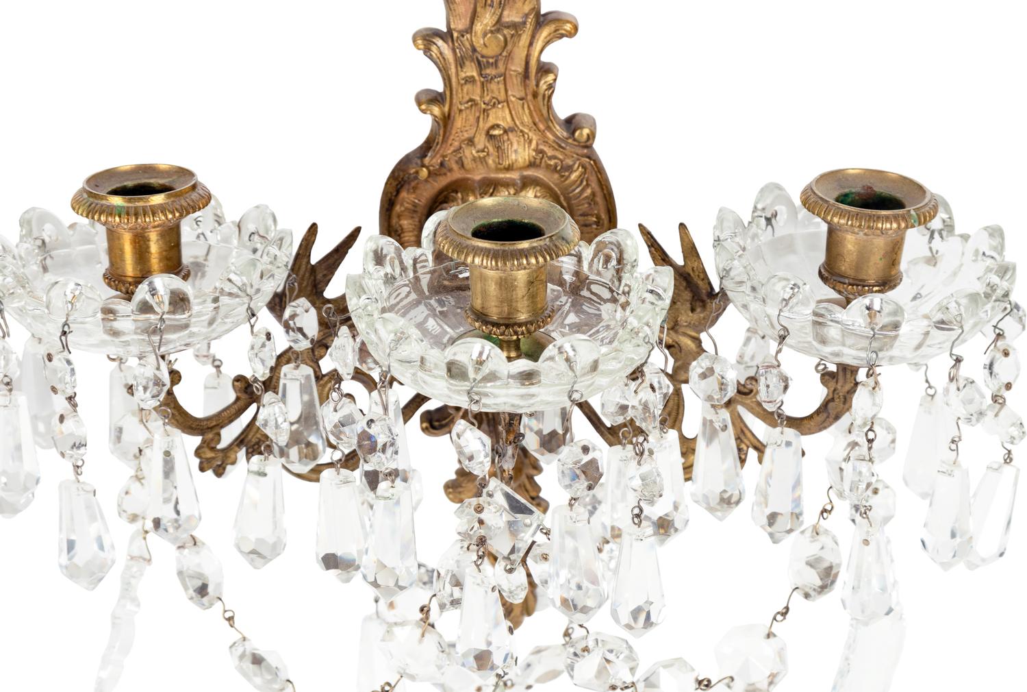 A Pair of Italian Gilt Bronze and Cut Glass Sconces