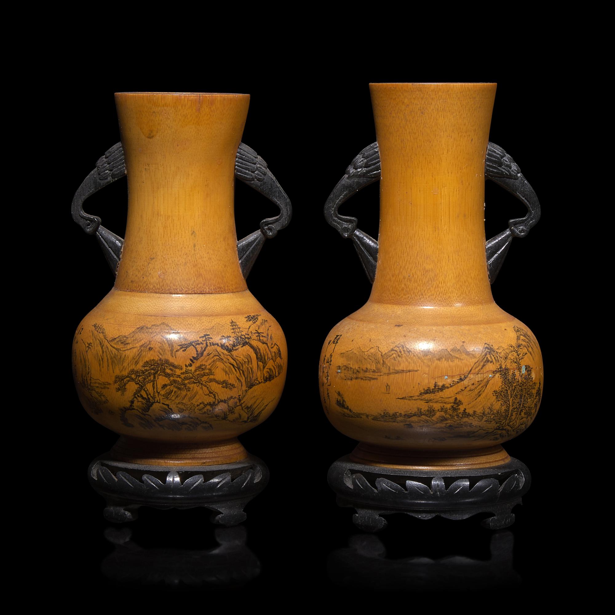 A Pair of Painted Chinese Bamboo Vases, 20th Century 近代 墨彩繪竹雙耳瓶一對