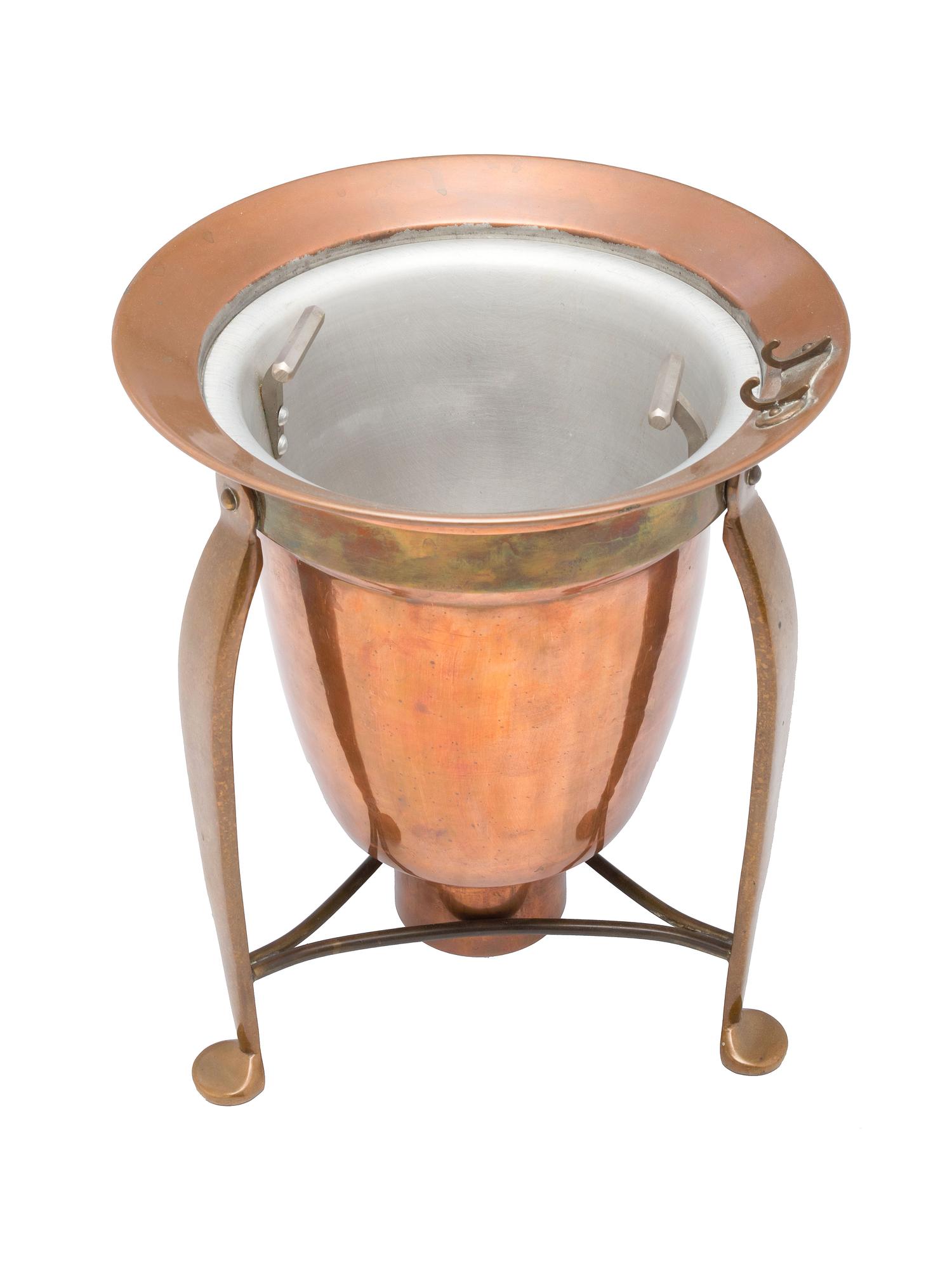 An American Brass, Copper and Aluminum Tureen with Lid and Stand