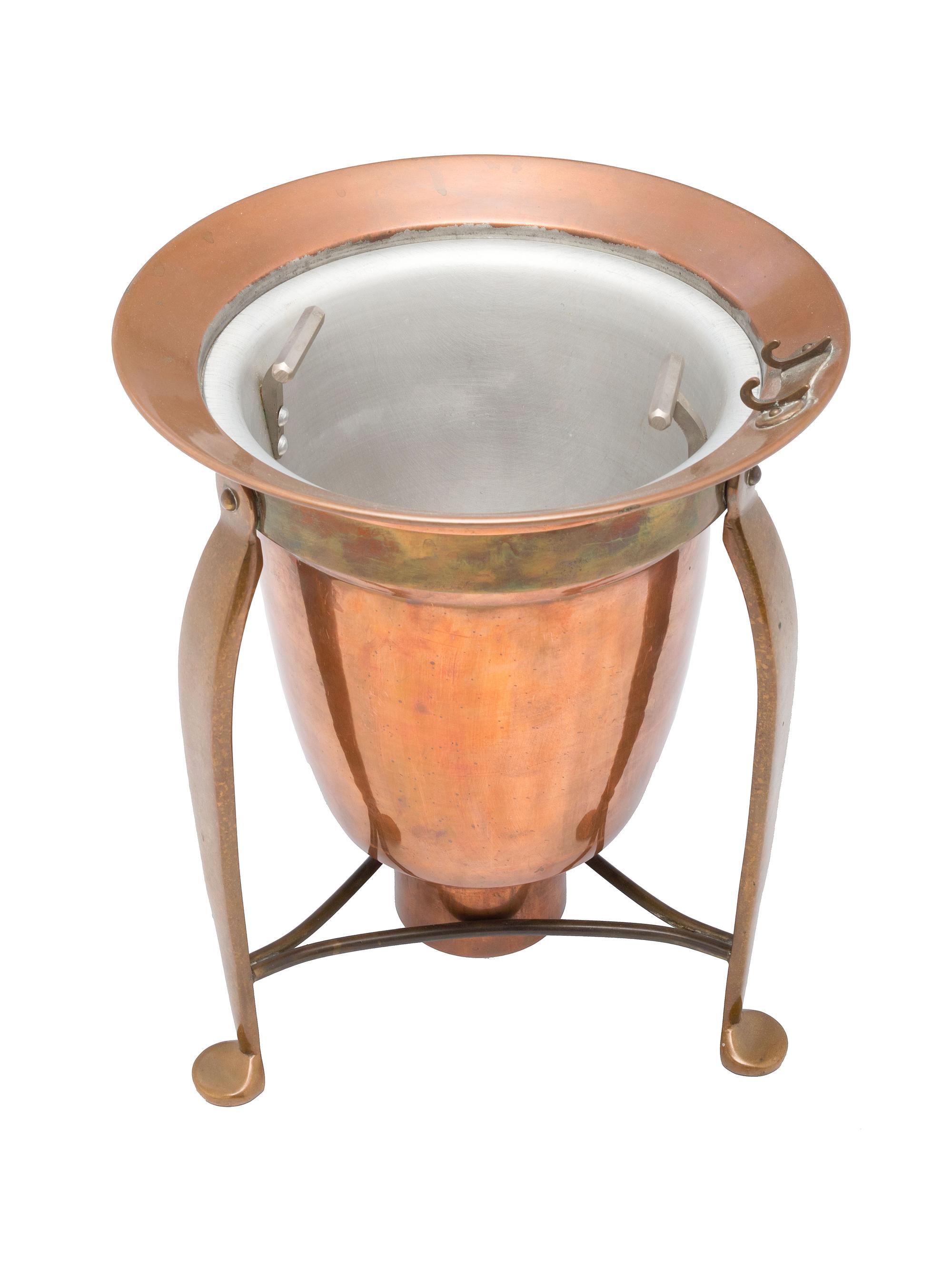 An American Brass, Copper and Aluminum Tureen with Lid and Stand