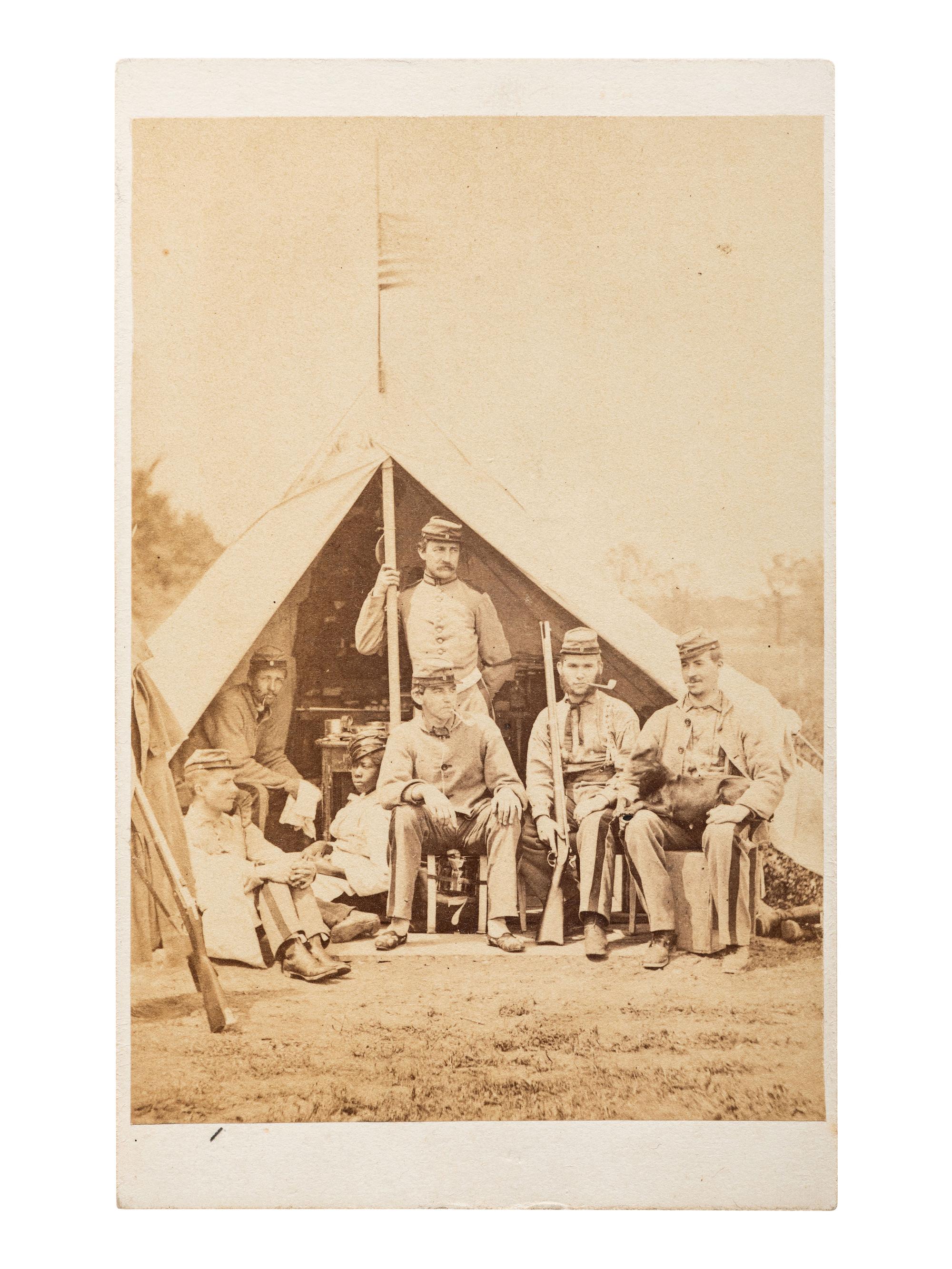[CIVIL WAR]. A pair of CDVs featuring soldiers, likely members of the 7th NY state militia, posed just outside of a tent at "Camp Cameron, May 1861."