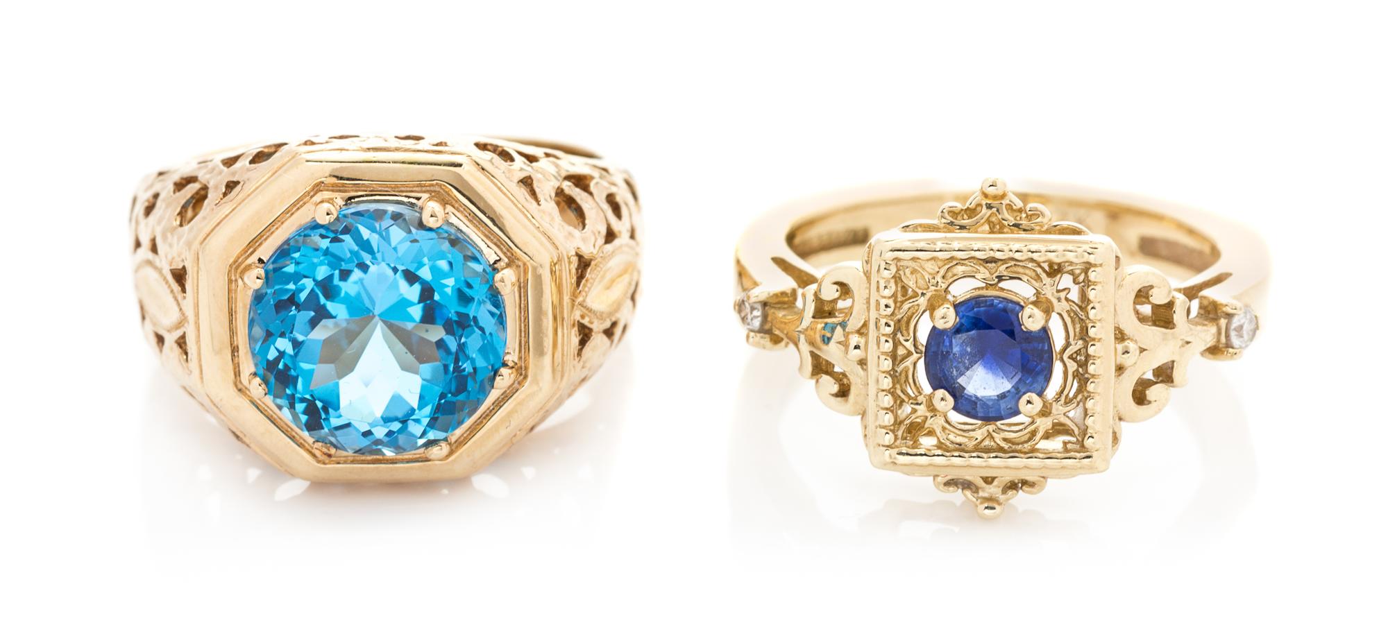 A Collection of 14 Karat Yellow Gold, Sapphire, Blue Topaz and Diamond Rings, 3.20 dwts.