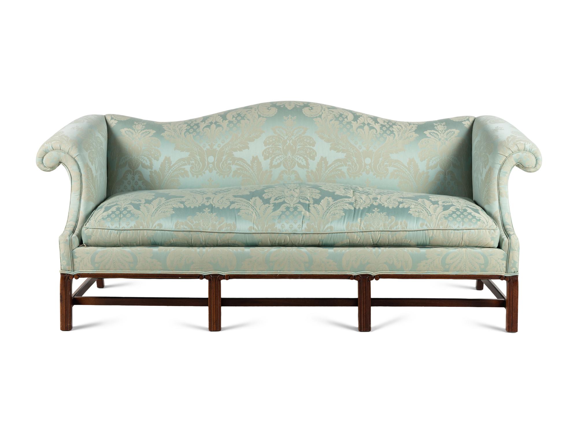 A Georgian Style Damask Upholstered Camelback Sofa