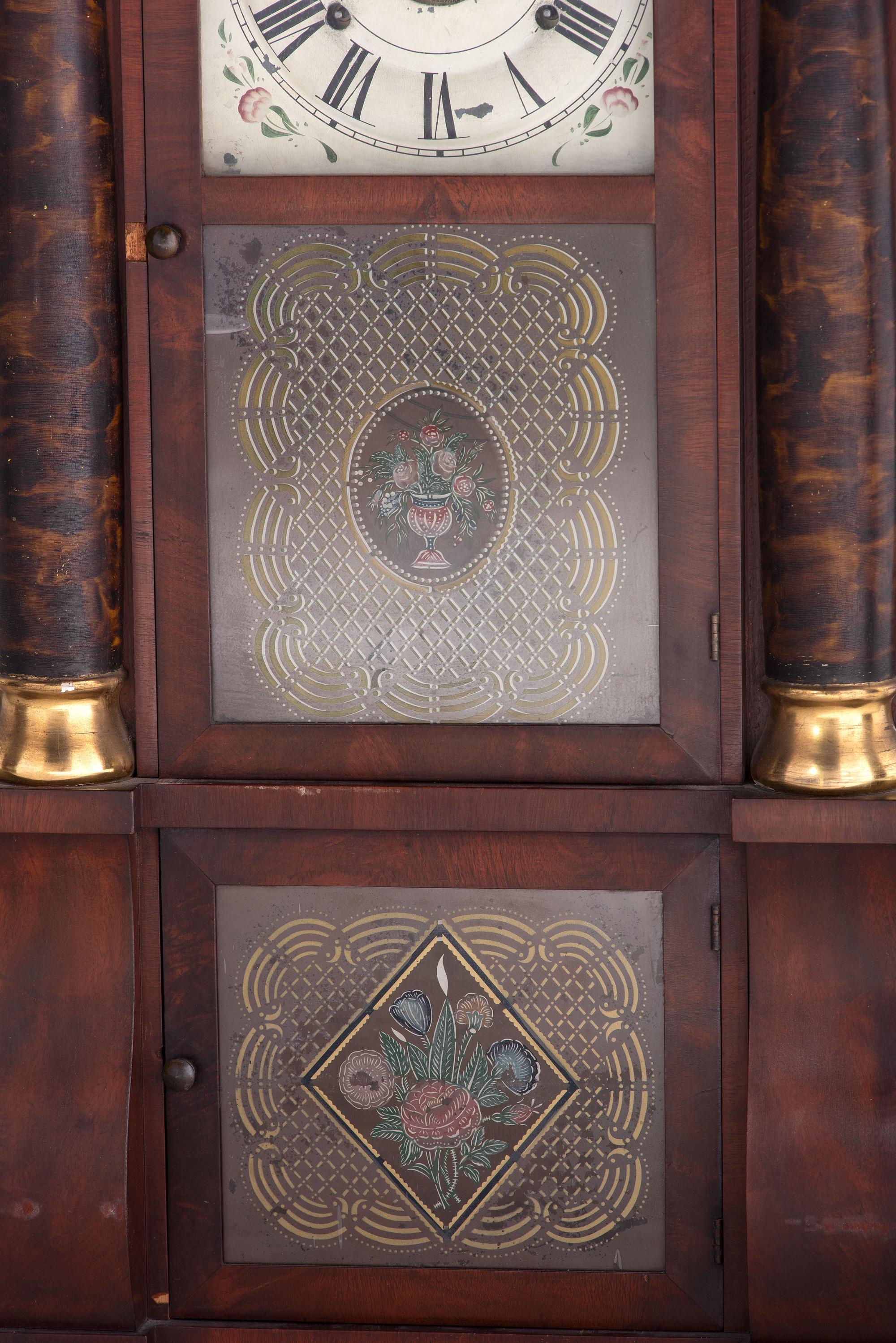 An American Classical Mahogany Eglomise Mantel Clock