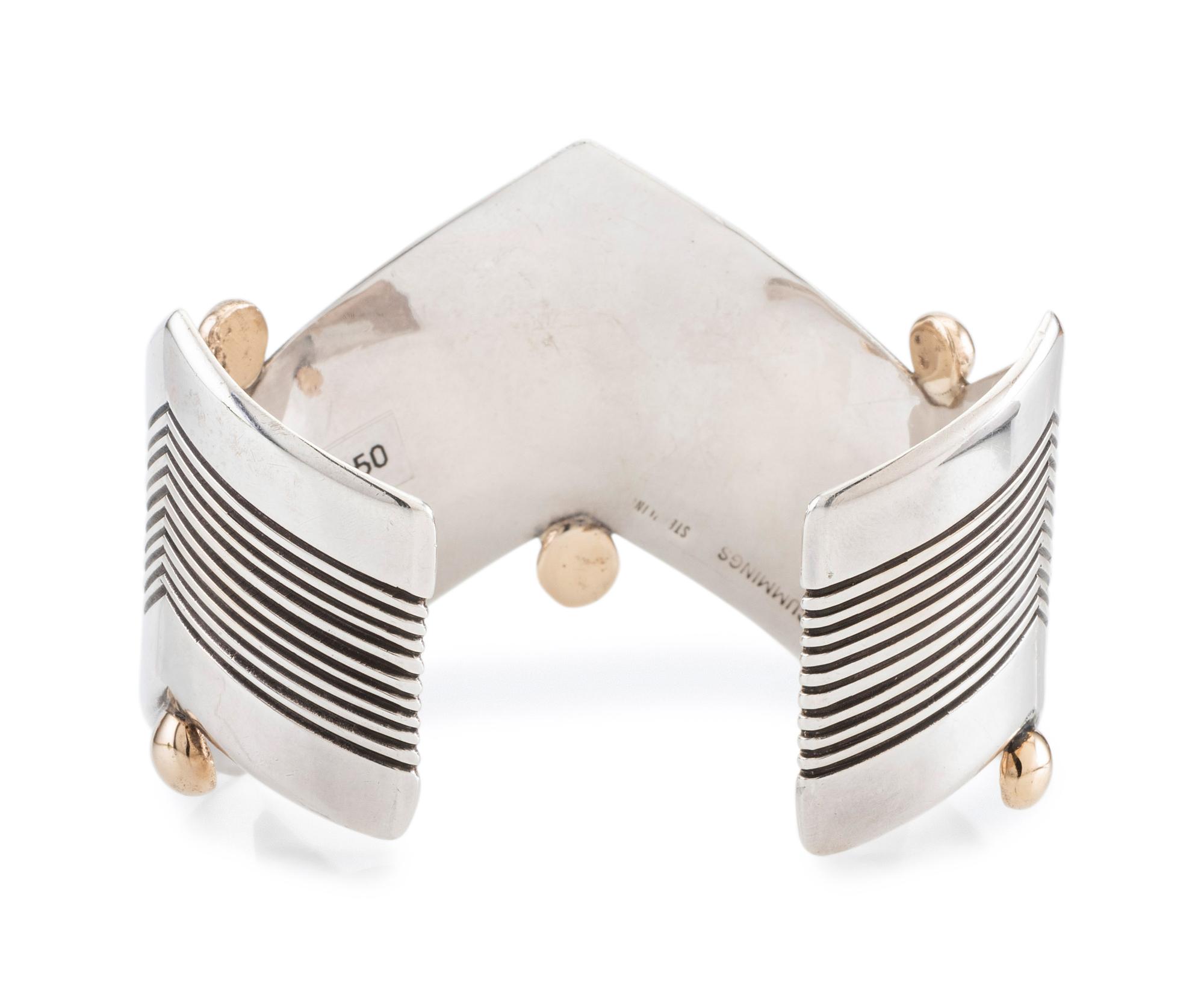 Sterling Silver Zigzag Cuff Bracelet, with 14K Gold Bead Accents