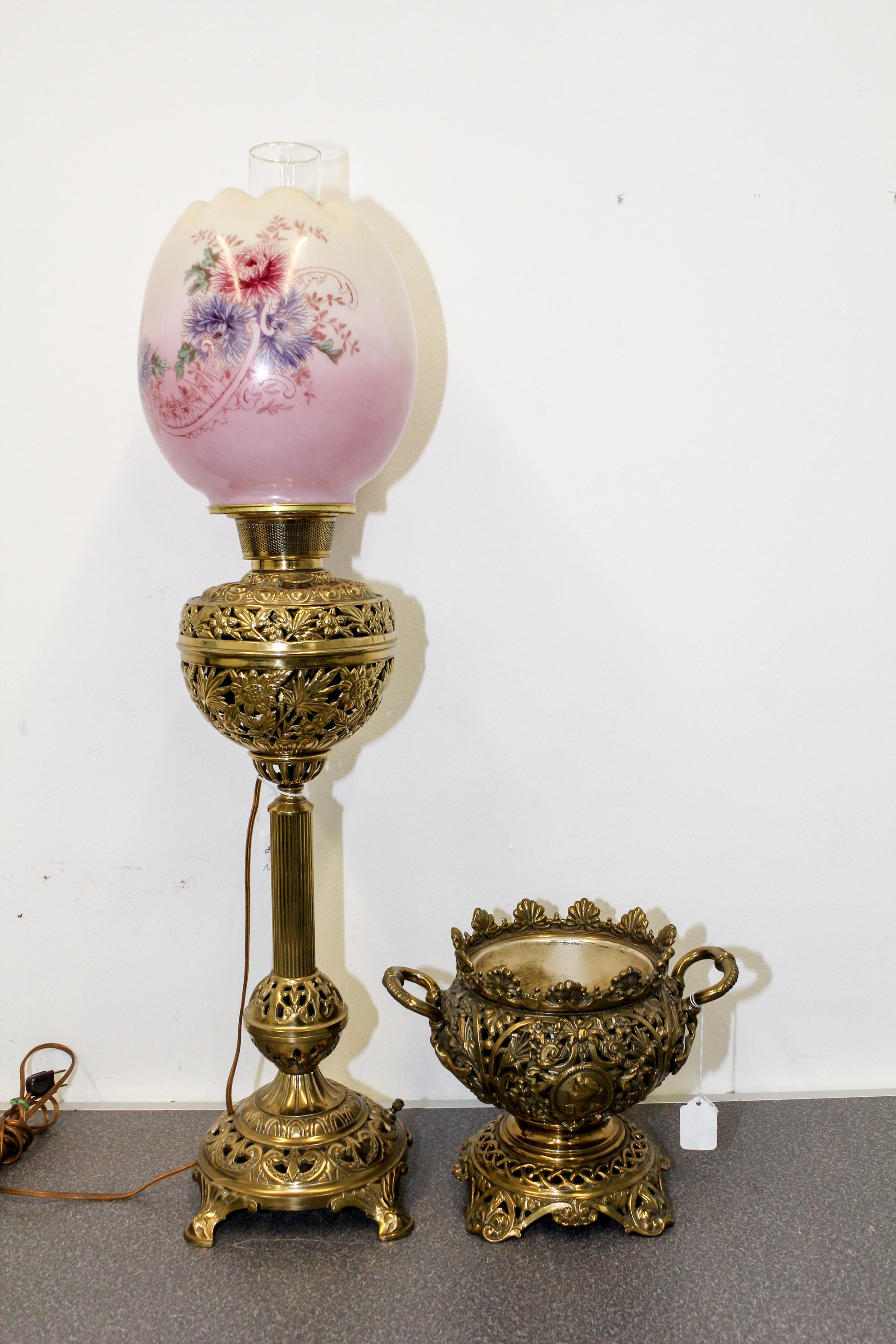 A Victorian Style Brass and Glass Lamp Height of first overall 30 3/4 inches. — 20TH CENTURY