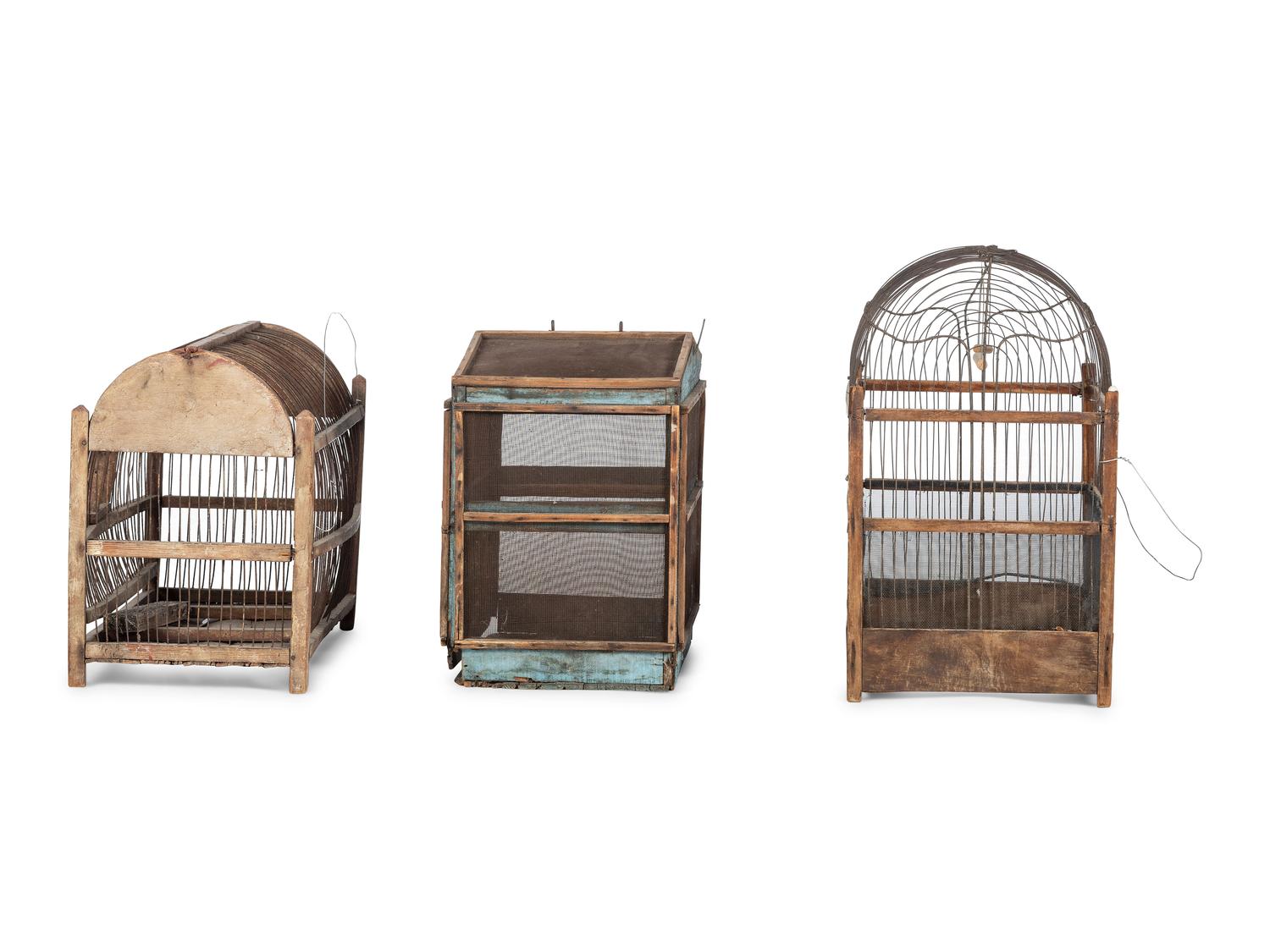 Three Wood and Wire Folk Art Bird Cages
