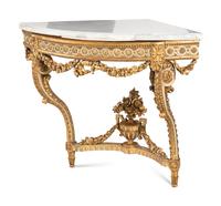 A Louis XVI Style Painted and Parcel Gilt Marble-Top Corner Table