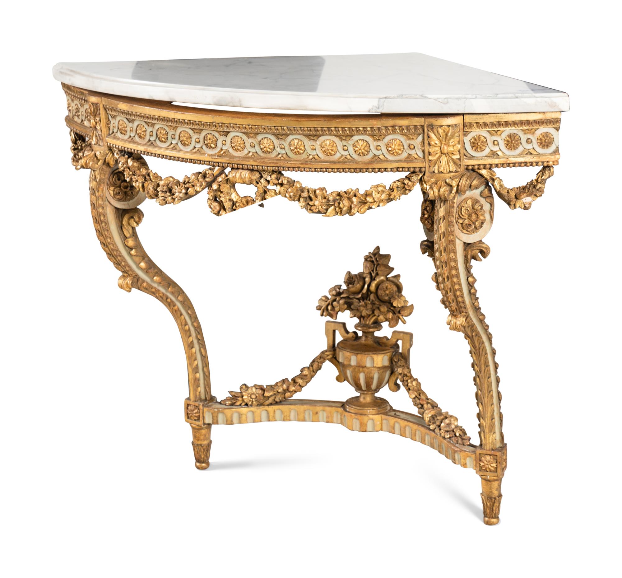 A Louis XVI Style Painted and Parcel Gilt Marble-Top Corner Table