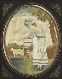 A George III Needlework Picture Depicting a Shepherdess with Sheep