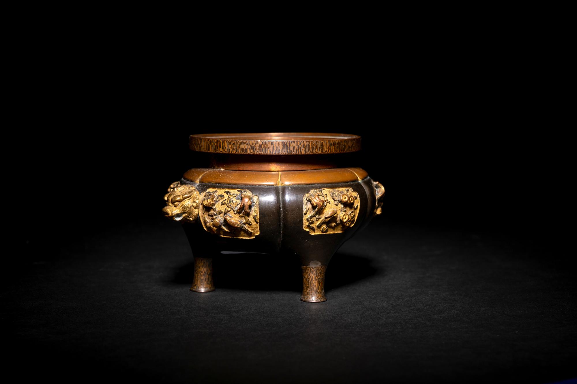 A Japanese Mixed Metal Inlaid Bronze Tripod Censer