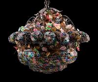 An Unusual Continental Wrought-Iron, Tole and Colored Glass Sixteen-Light Chandelier