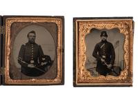 [CIVIL WAR]. A pair of sixth plate tintypes featuring armed company grade officers.