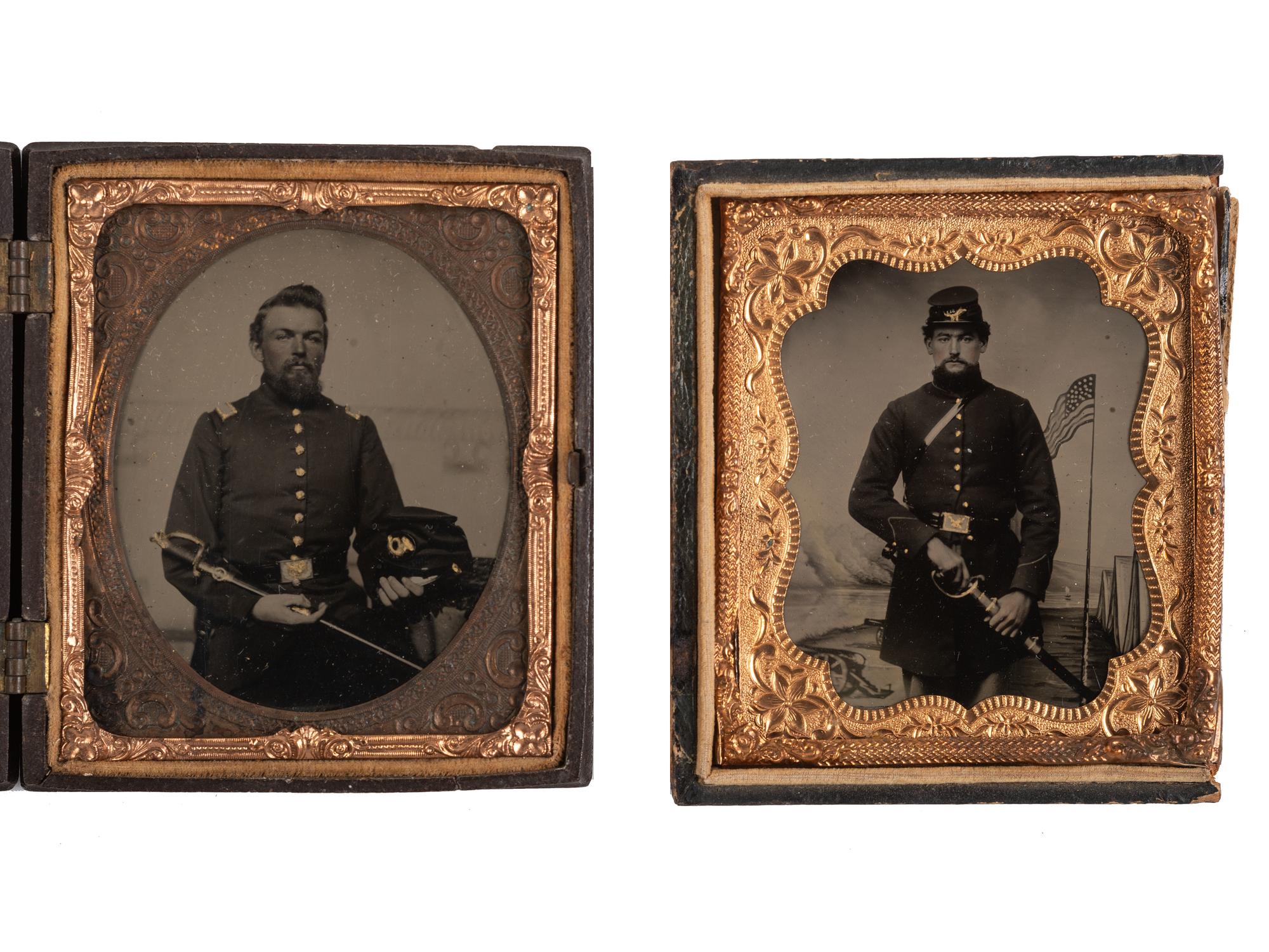 [CIVIL WAR]. A pair of sixth plate tintypes featuring armed company grade officers.