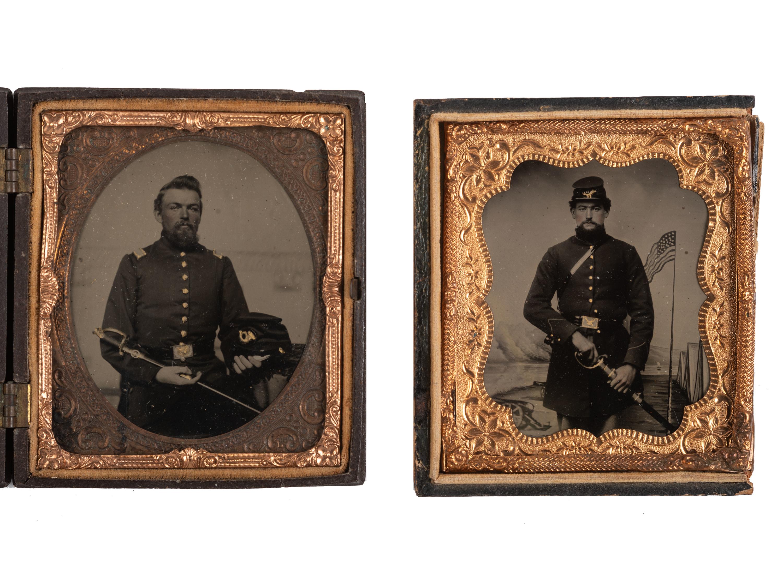 [CIVIL WAR]. A pair of sixth plate tintypes featuring armed company grade officers.